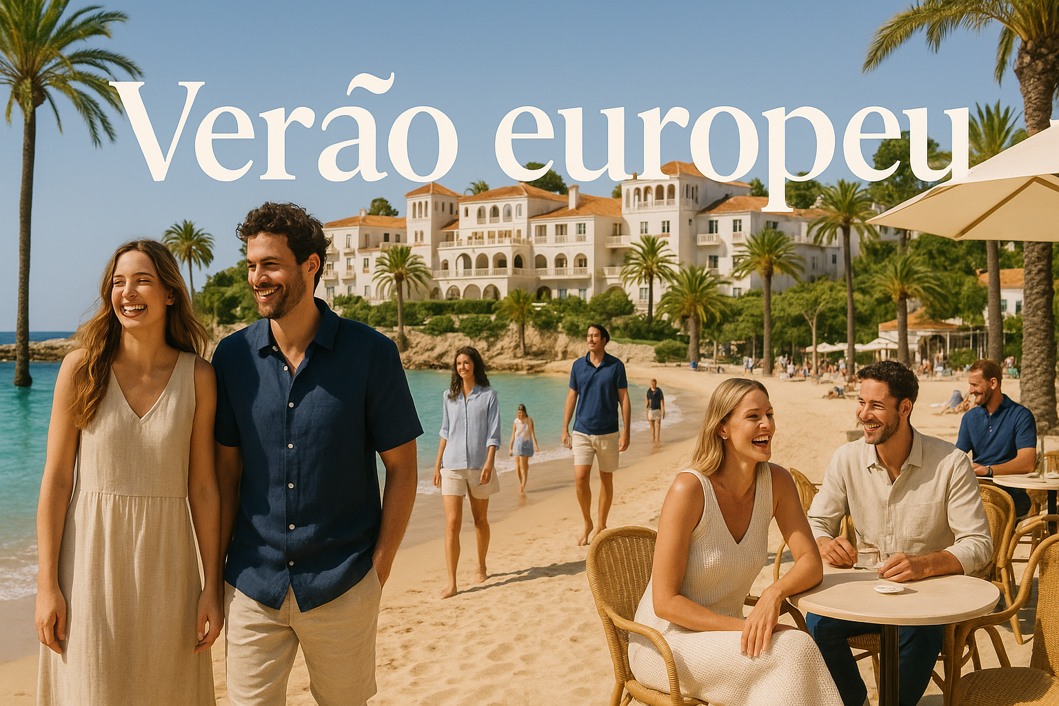 Imagem escrito em texto "Verão europeu" escrito em estilo de titulo bem grande e atrás um resort a beira da praia europeu, com varias pessoas felizes e com roupas de praia, de preferencia de materias como linho, trico, e cores como beje, branco, azul escuro ou azul claro, varias pessoas usando esses tons de cores, e todas felizes lá curtindo 